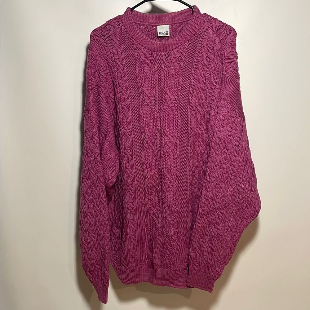 Vintage Head Pink Cable Knit Crew Neck Sweater